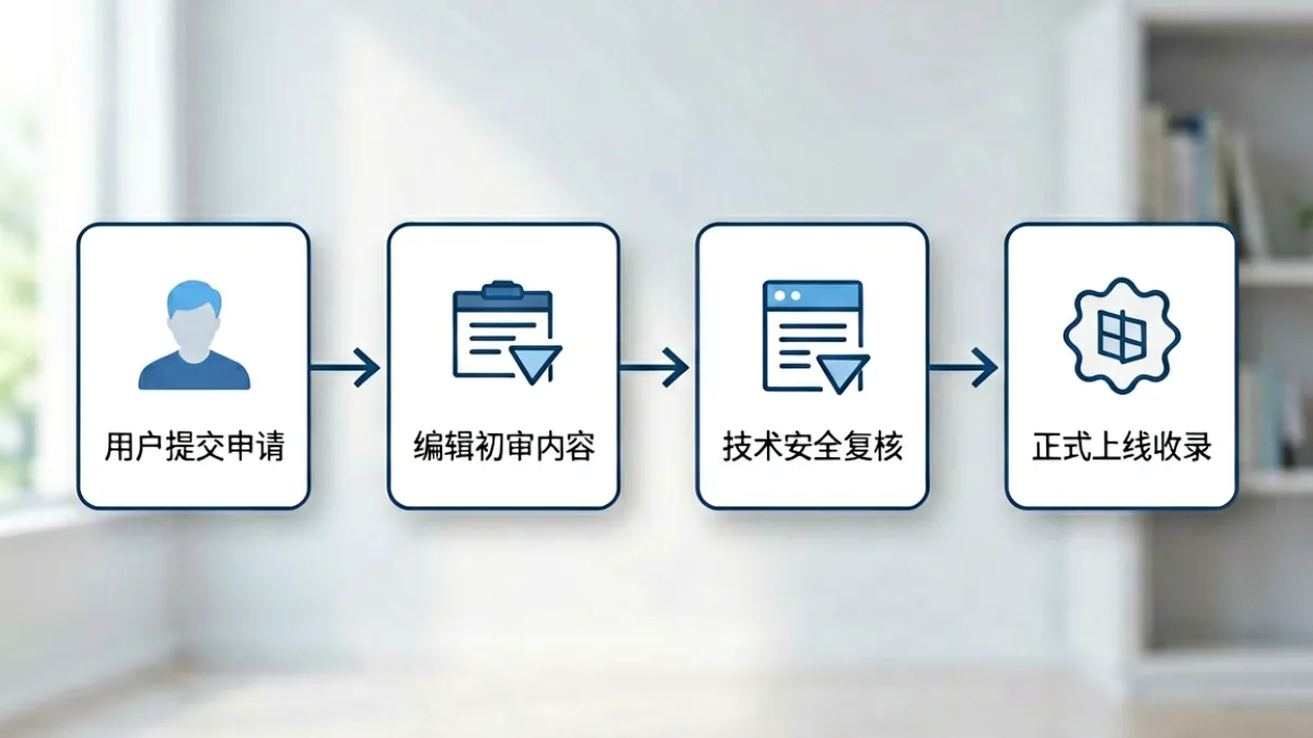 爱啪导航收录审核流程示意图，标注了提交、初审、复核、上线四个步骤