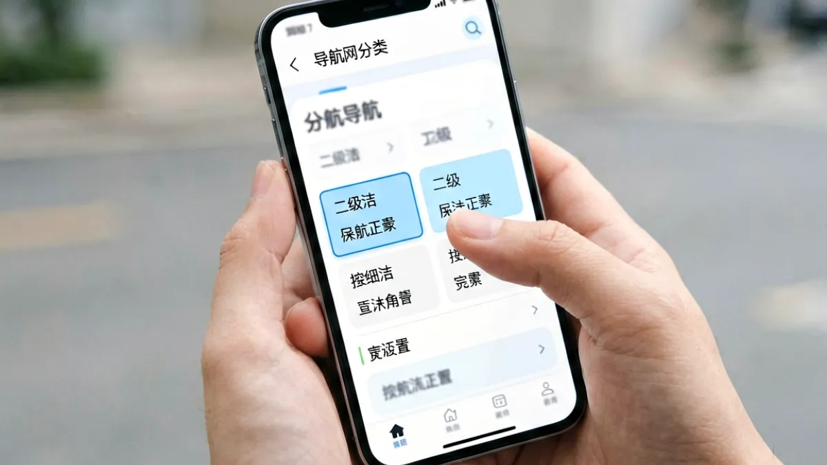 用户在手机端使用爱啪导航浏览分类目录，手指正在点击二级分类入口页面